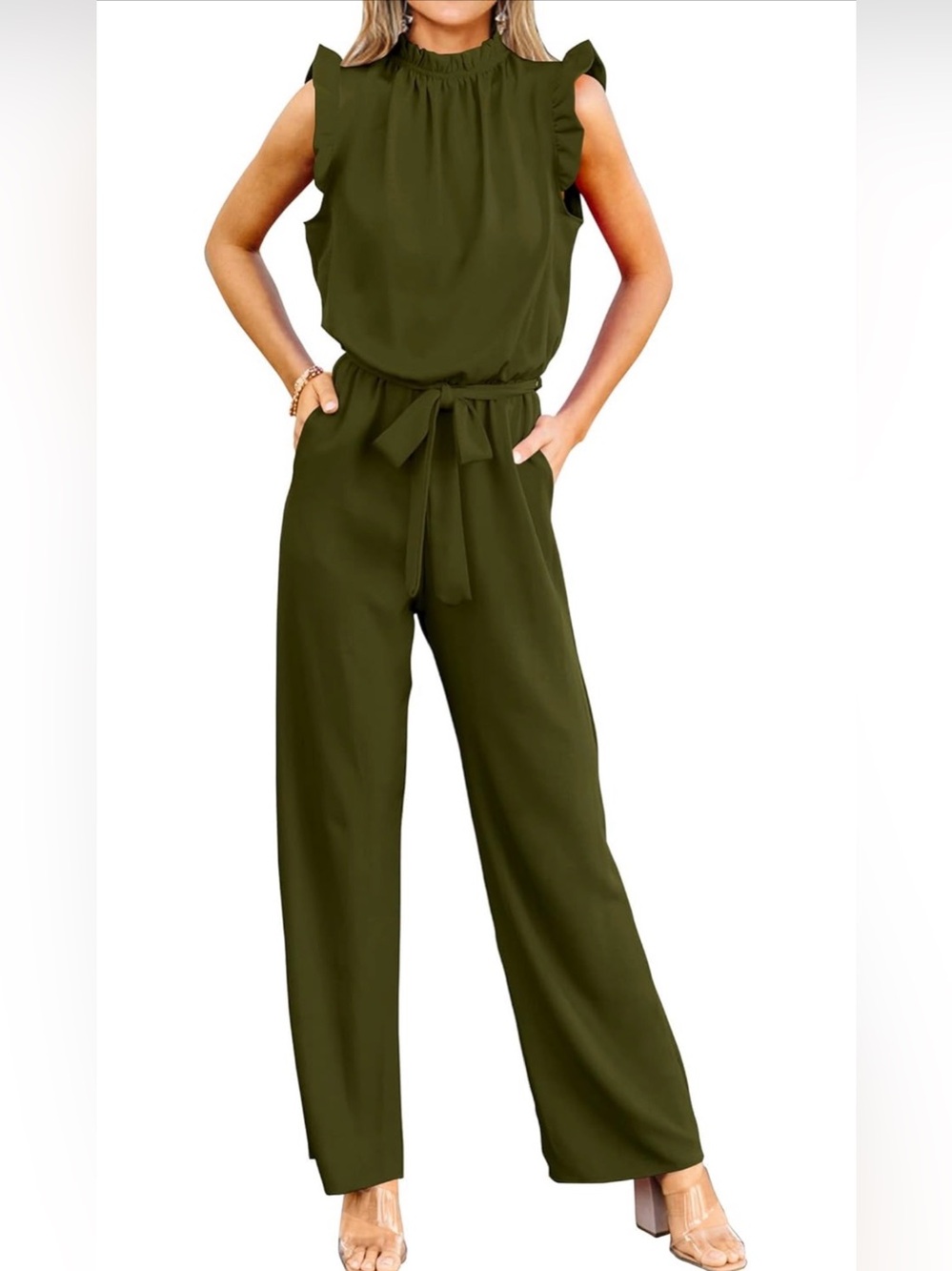 Sleeveless Olive Green Jumpsuit with Tie Waist